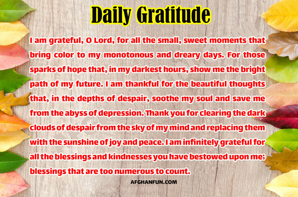 I am grateful, O Lord, for all the small, sweet moments that bring color to my monotonous and dreary days. For those sparks of hope that, in my darkest hours, show me the bright path of my future. I am thankful for the beautiful thoughts that, in the depths of despair, soothe my soul and save me from the abyss of depression. Thank you for clearing the dark clouds of despair from the sky of my mind and replacing them with the sunshine of joy and peace. I am infinitely grateful for all the blessings and kindnesses you have bestowed upon me; blessings that are too numerous to count.