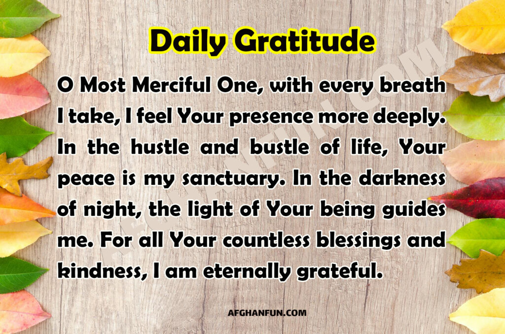 O Most Merciful One, with every breath I take, I feel Your presence more deeply. In the hustle and bustle of life, Your peace is my sanctuary. In the darkness of night, the light of Your being guides me. For all Your countless blessings and kindness, I am eternally grateful.