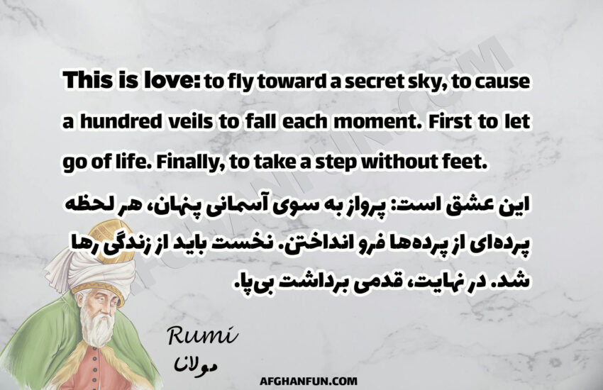 This is love: to fly toward a secret sky, to cause a hundred veils to fall each moment. First to let go of life. Finally, to take a step without feet.