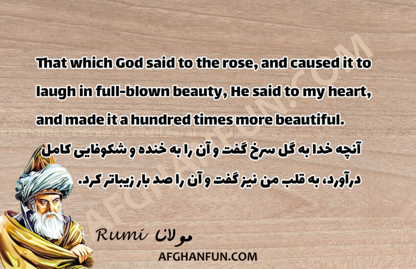 Rumi quote about divine beauty on a textured background - 'That which God said to the rose, and caused it to laugh in full-blown beauty, He said to my heart, and made it a hundred times more beautiful