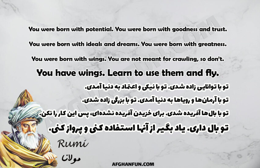 Rumi quote about potential and flight Inspirational quote about using your wings Motivational quote about reaching your full potential