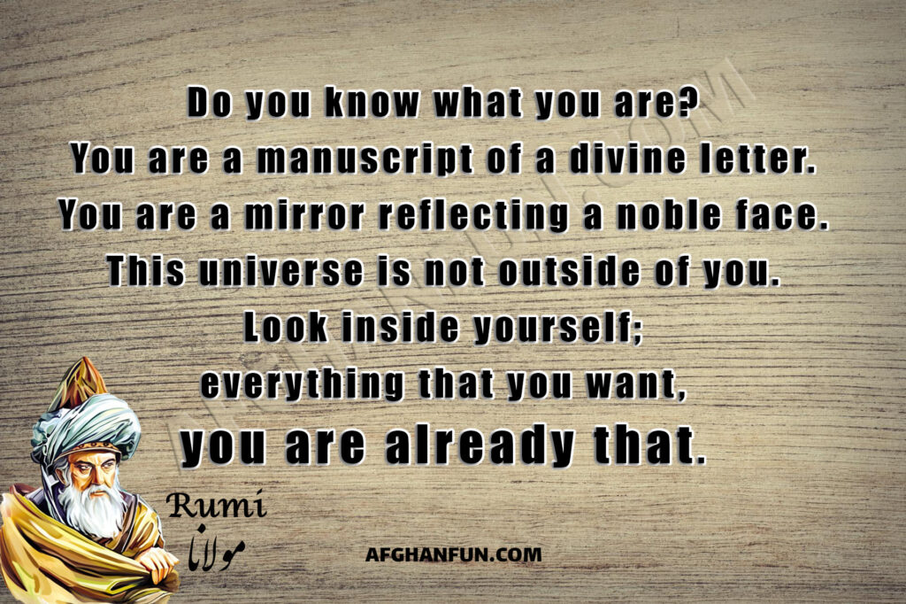 Rumi's  quote: 'You are a manuscript of a divine letter, a mirror reflecting a noble face. Look inside yourself; everything you want, you are already that.