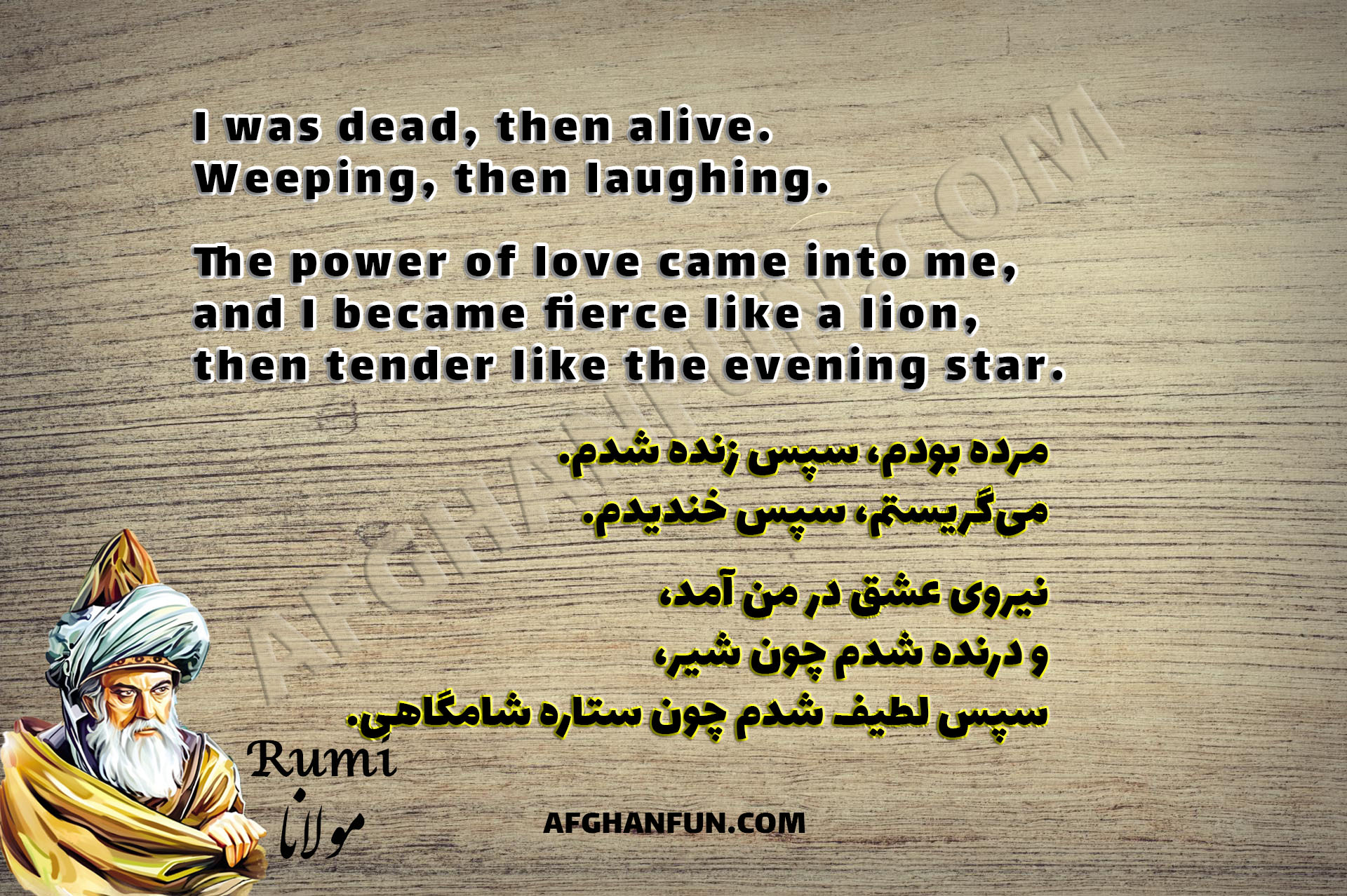 Rumi quote on a Wood grain background. Text reads: 'I was dead, then alive. Weeping, then laughing. The power of love came into me, and I became fierce like a lion, then tender like the evening star.