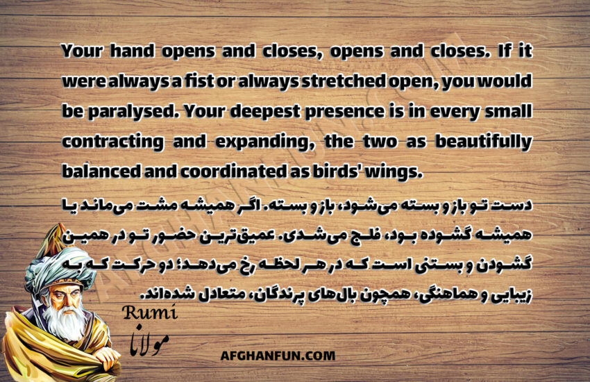 Rumi quote texture: 'Your hand opens and closes, opens and closes. If it were always a fist or always stretched open, you would be paralysed. Your deepest presence is in every small contracting and expanding, the two as beautifully balanced and coordinated as birds' wings.