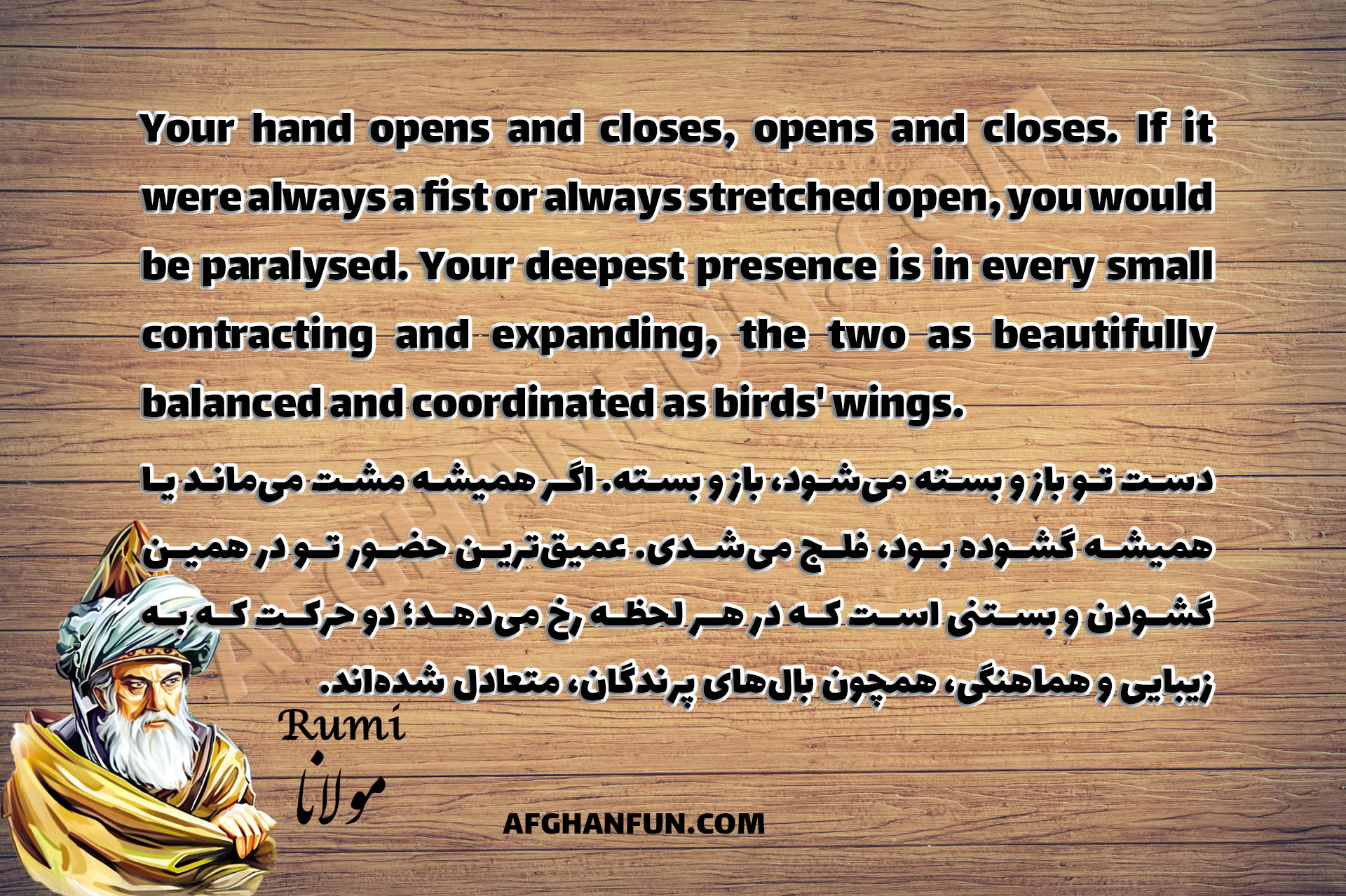 Rumi quote texture: 'Your hand opens and closes, opens and closes. If it were always a fist or always stretched open, you would be paralysed. Your deepest presence is in every small contracting and expanding, the two as beautifully balanced and coordinated as birds' wings.